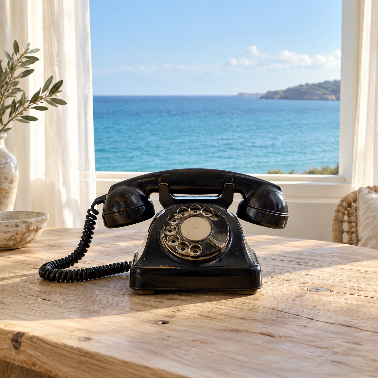 Old black telephone on a light wooden table beside a window overlooking the sea