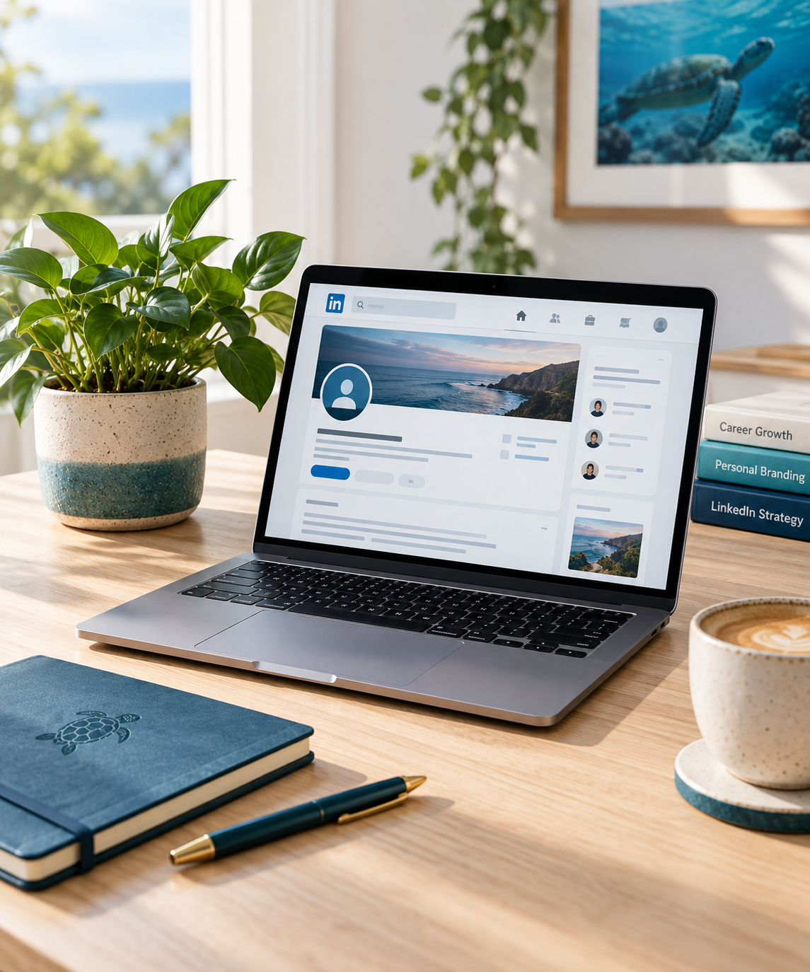 Laptop, coffee and plant on a wooden table for Blue Turtle Media LinkedIn Profile Audit