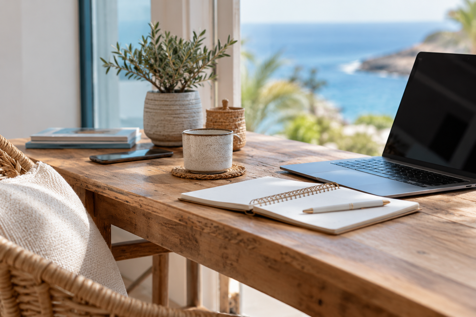 Relaxed wooden desk with laptop, diary and chair overlooking the sea